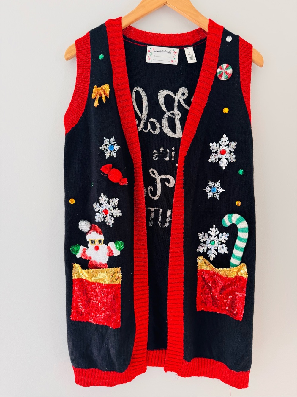 Christmas Ugly Sweater Vest S Santa Sequin Rhinestone Candy Cane Pockets